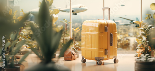 an airplane is flying over a picture, and luggage is shown in the window