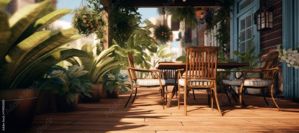 an outside patio with chairs and potted plants