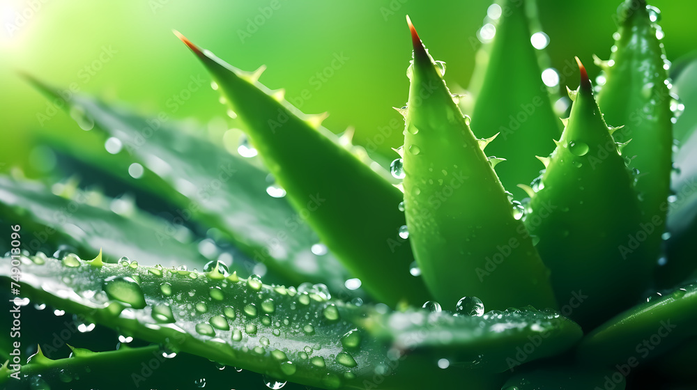 Green aloe vera leaf with dew drops background Green aloe vera leaf with dew drops background