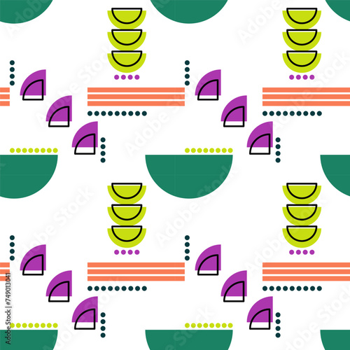 Seamless abstract geometric pattern. Purple, green, orang, white. Vector illustration. Polygons, circles, rings, dots texture. Design for textile fabrics, wrapping paper, background, wallpaper, cover.