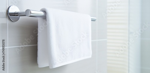 a white towel rod hung on a white bathroom wall