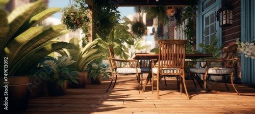 an outside patio with chairs and potted plants