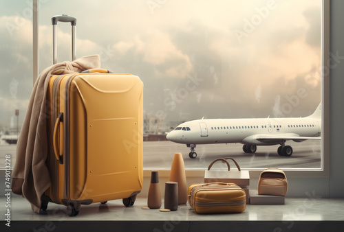 an airplane is flying over a picture, and luggage is shown in the window
