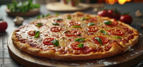 an image of a pizza from a wooden table with tomato sauce on it