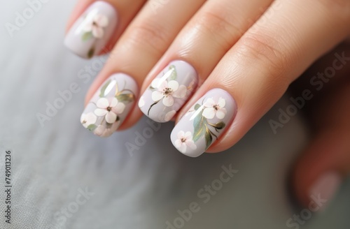 a woman's hand holds a flower print nail art with colorful flowers