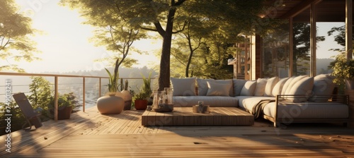 a wooden deck with outdoor furniture near a large tree © olegganko