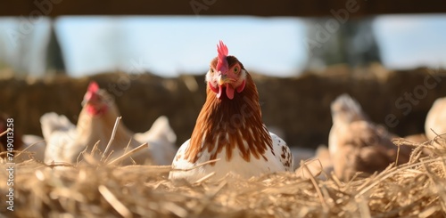 chicken sitting on hay while some of their eggs are laid on it