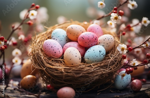 An Easter basket filled with colored eggs, a traditional symbol of the holiday