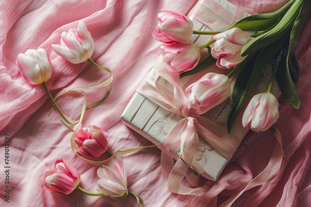 pink tulips, a gift wrapped with ribbon and pink flowers pink tulips, a gift wrapped with ribbon and pink flowers