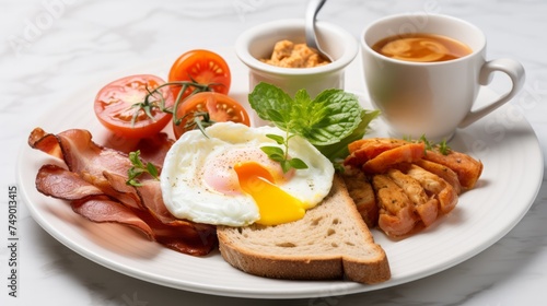 English breakfast, with neatly arranged ingredients on a white plate