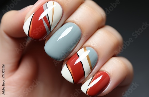 a white and red manicure with clear tips, a white one