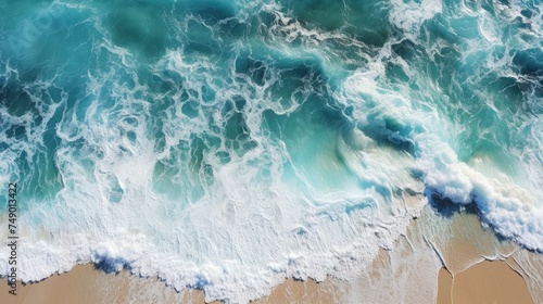 aerial panoramic ocean waves hitting beach