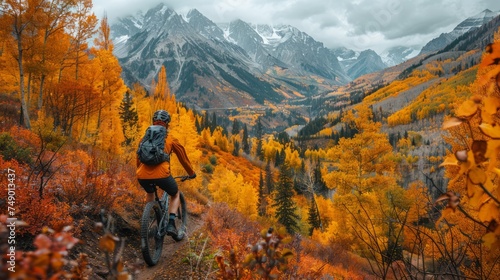 A mountain biker navigating a rocky trail, surrounded by vibrant autumn leaves
