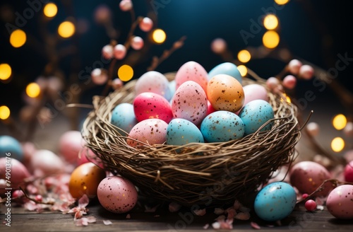 an easter basket with colored eggs in it