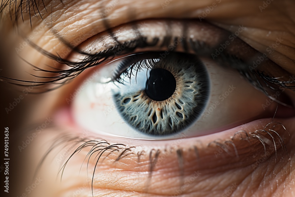 Macro photo of human female blue green grey eye, high detailed iris - obrazy, fototapety, plakaty 