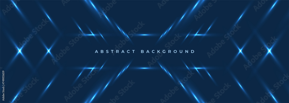 Dark blue wide abstract horizontal technology banner background with diagonal blue neon lines. Vector illustration
