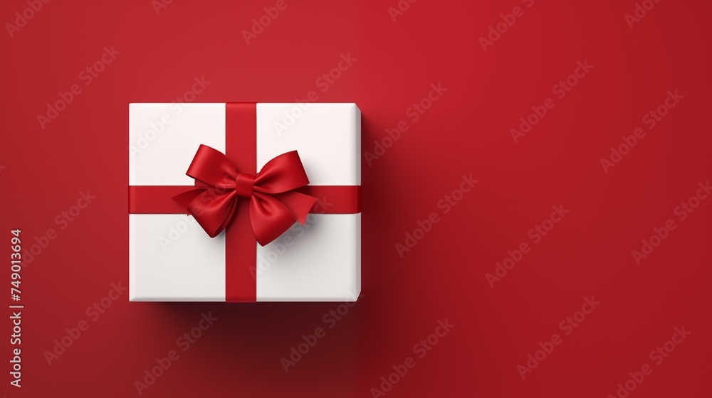 White square gift box. Present box tied with red ribbon, bow isolated on red background with copy space. Top view White square gift box. Present box tied with red ribbon, bow isolated on red background with copy space. Top view