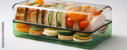a plastic box contains fruit and sandwiches