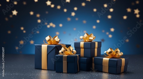 blue and gold gift boxes on blue background with stars