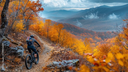 cyclist riding through a rugged mountain trail, with vibrant autumn foliage c...
