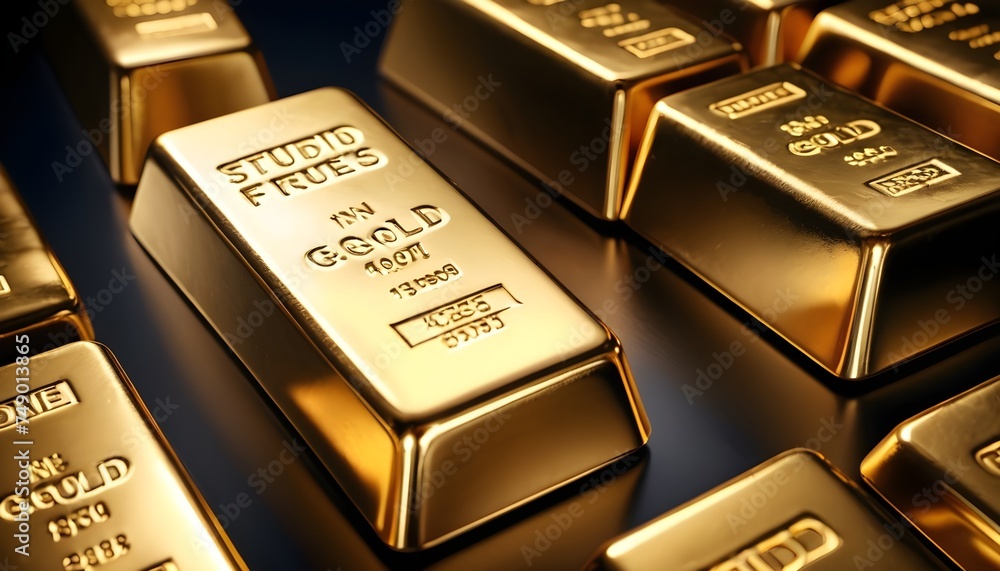 Golden ingots on dark background macro Golden ingots on dark background macro