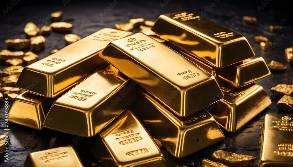 Golden ingots on dark background macro Golden ingots on dark background macro