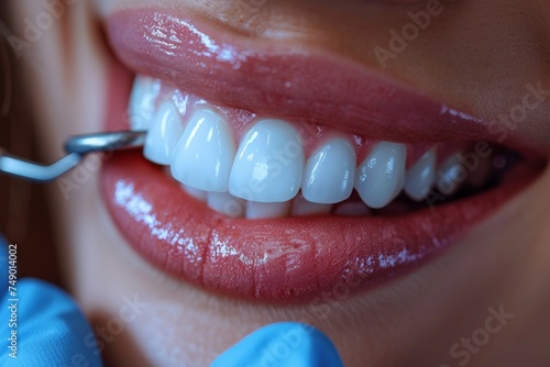 A smiling woman with her mouth under treatment at a dental clinic is cropped in this panoramic image.