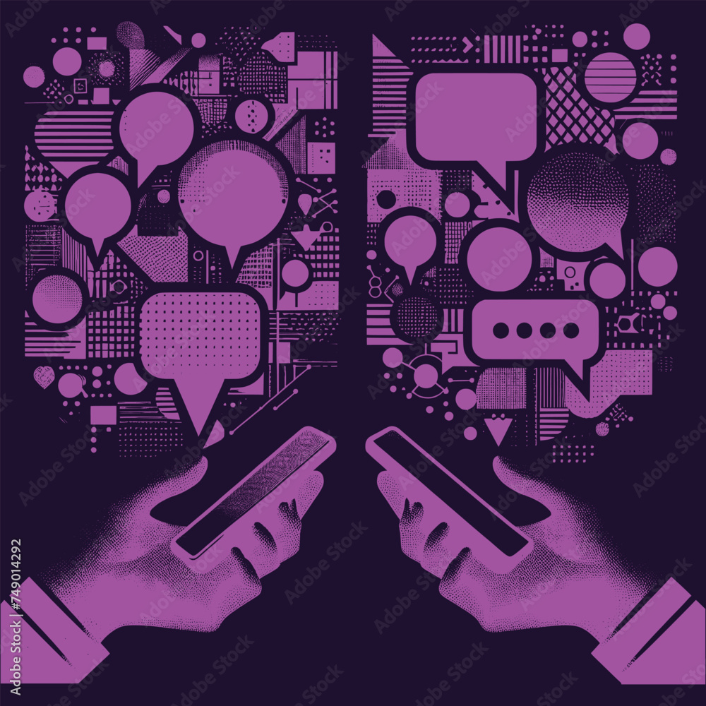 Obraz premium Trendy Halftone Collage with Hands holding two speech bubbles. Social media communication. Contemporary art. Empty space for quote, plan and idea. Creative abstract template. Vector illustration