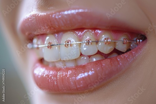 A beautiful female smile with braces. Orthodontic Dental Care Concept. Closeup Ceramic and Metal Brackets on Teeth. Beautiful Female Smile with Braces.