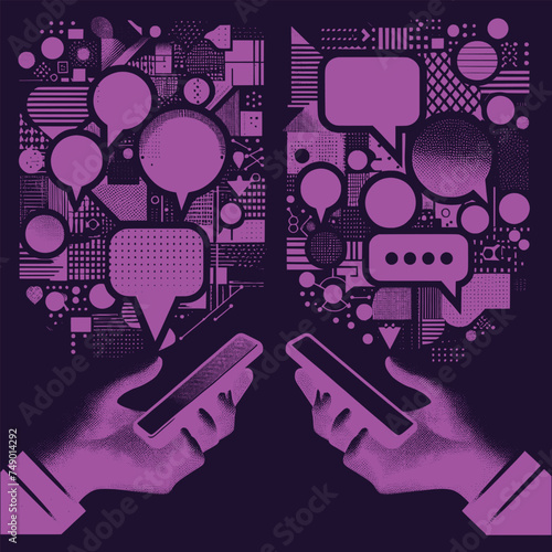 Trendy Halftone Collage with Hands holding two speech bubbles. Social media communication. Contemporary art. Empty space for quote  plan and idea. Creative abstract template. Vector illustration