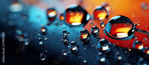 This close-up shot showcases water droplets colliding and forming intricate patterns on a window surface. The abstract beauty of the droplets is captured in detail.