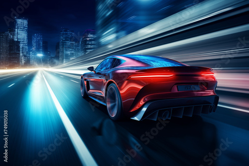 Rear view of red Business car on high speed in turn. Red car rushing along a high-speed highway at night © Olivia