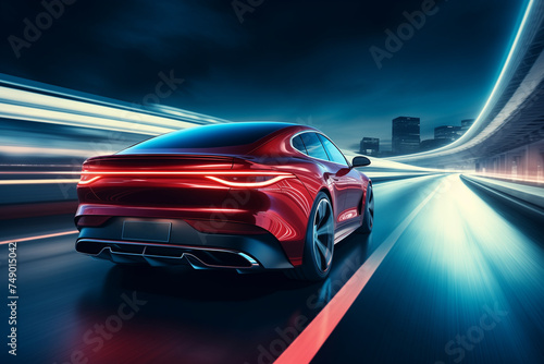 Rear view of red Business car on high speed in turn. Red car rushing along a high-speed highway at night © Olivia