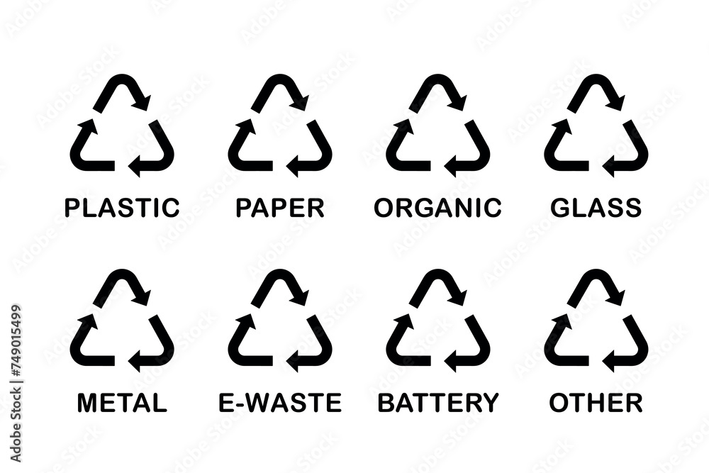 waste sorting set of black symbols, simple wasting bin stickers, marks ...