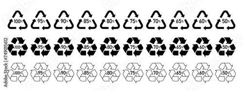 recycling symbol with percentage, set of design element, black vector icon set, recycled material