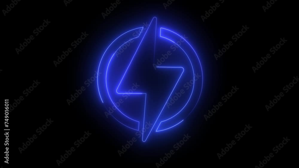 Neon Battery charging power symbol, lightning bolt sign in the circle. Neon Battery charging power symbol, lightning bolt sign in the circle.