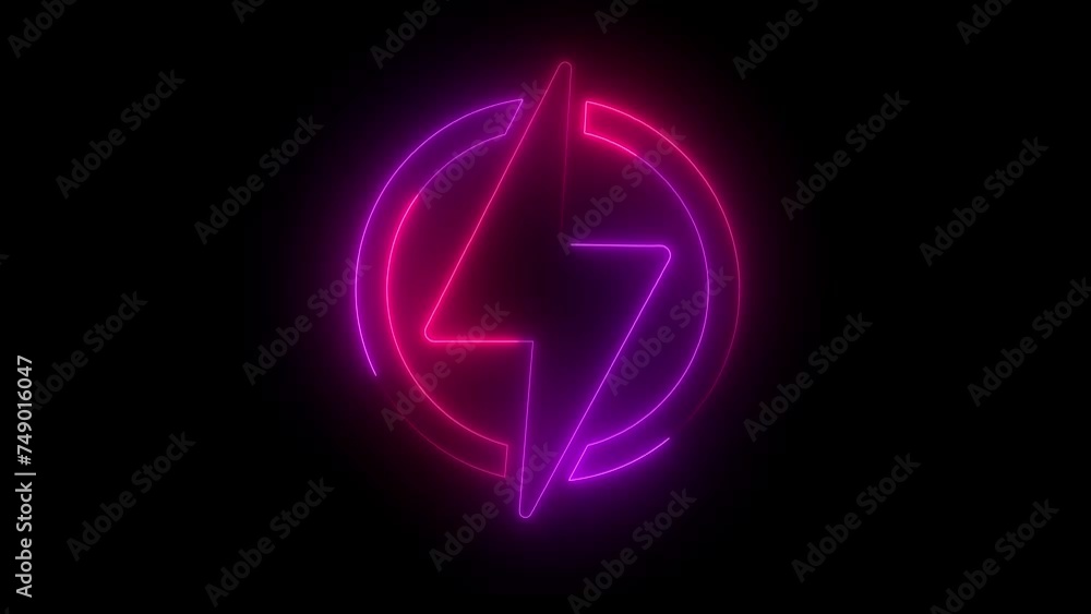 Neon Battery charging power symbol, lightning bolt sign in the circle. Neon Battery charging power symbol, lightning bolt sign in the circle.