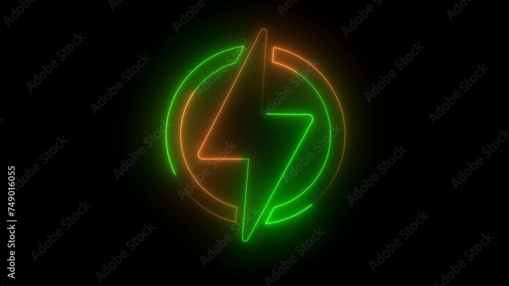 Neon Battery charging power symbol, lightning bolt sign in the circle. Neon Battery charging power symbol, lightning bolt sign in the circle.