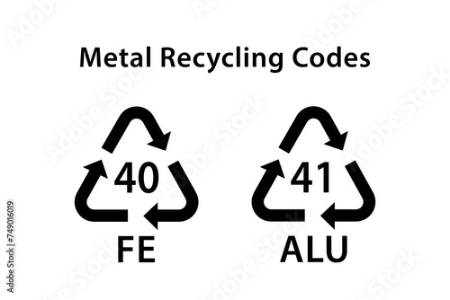 metal recycling codes, FE 40, ALU 41, ecology recycling sign, identification code, package waste black fill icon