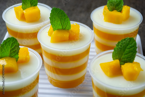 pudding mangga or mango layer pudding. topped with mango pieces and mint leaves. Very fresh and healthy
