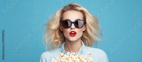 A blonde woman wearing sunglasses is holding a bucket of popcorn while dressed in a white shirt. The background is a solid blue color.
