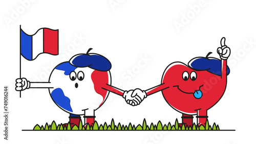 Earth and heart with a flag in hands. French Language Day. Vector illustration.