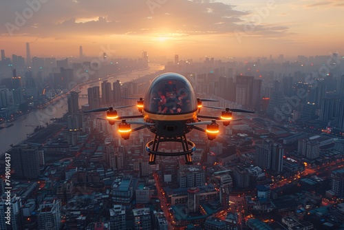 Skyline travel  Drone taxi with people inside soaring above the city.