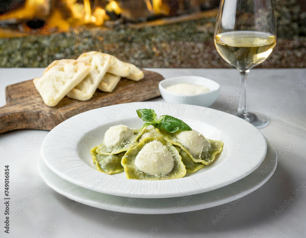 Spinach ravioli with white cream sauce on a white plate.