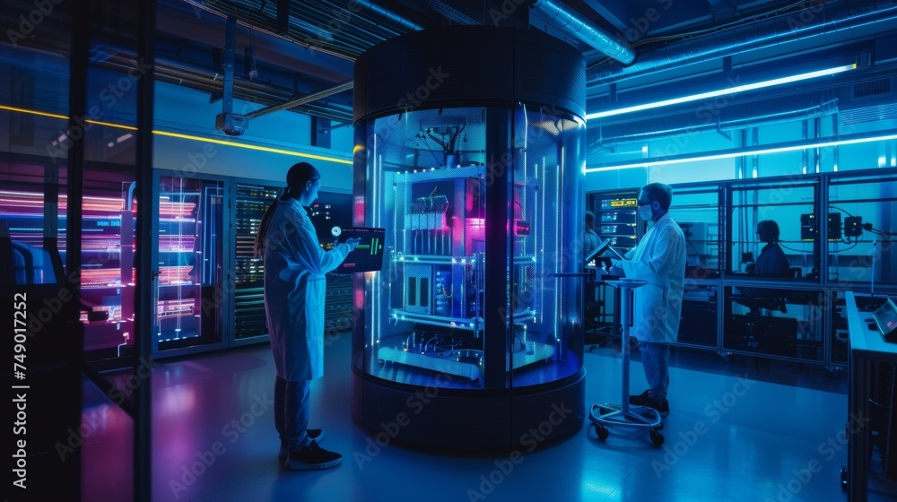 A futuristic quantum computing lab, showcasing a sleek quantum computer with visible circuits and qubits