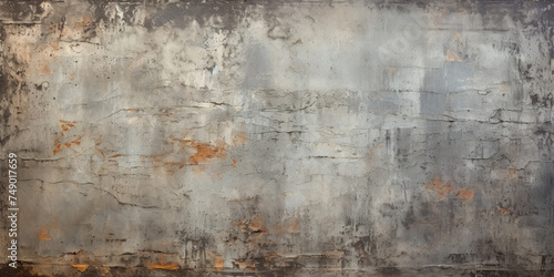 Grey scratched stucco surface with scuffs and worn marks, background aged concrete wall with crack, abstract pattern with rough texture and rusty photo