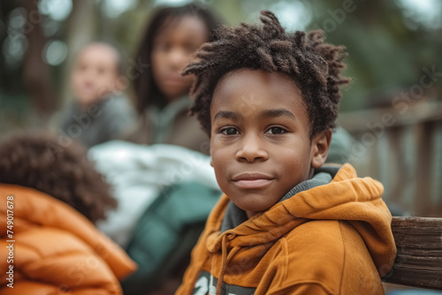 Portrait of young 10-year-old black homeless boy sitting on bench with caring volunteers, help, concept of social problems in society