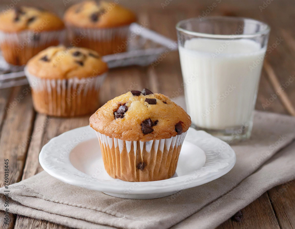 Chocolate chip muffins and a glass of milk. Chocolate chip muffins and a glass of milk.