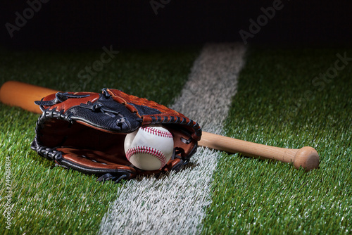 Baseball in a mitt with bat at low angle view on a field with stripe and dramatic lighting and dark background