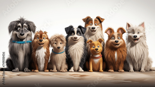 3d cartoon many pets with smiling face isolated in white background